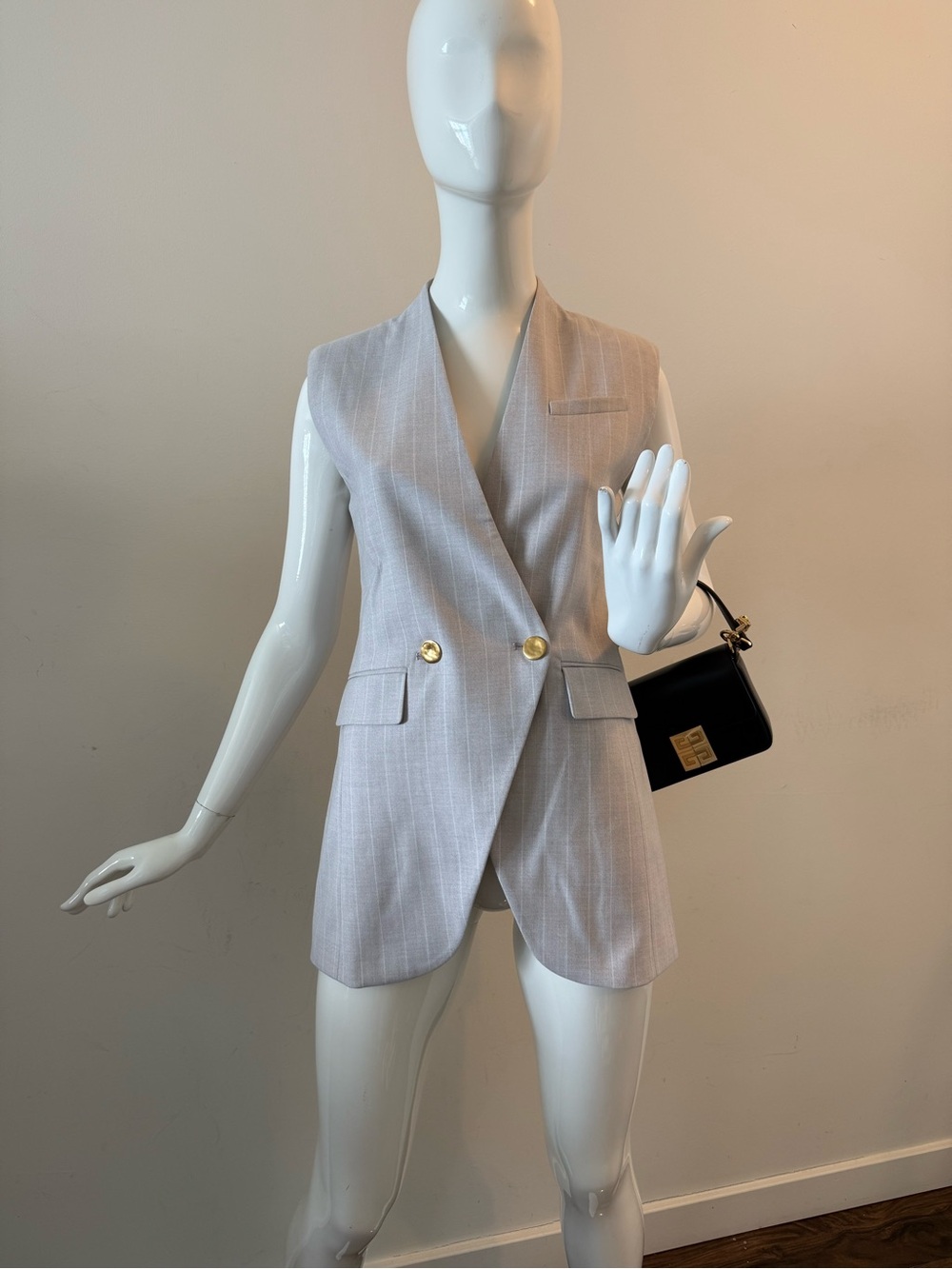 Donna Karan Light Gray Pinstripe Sleeveless Blazer